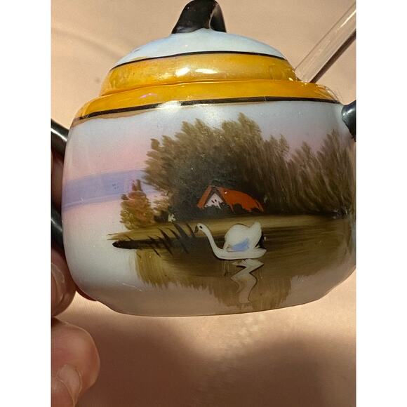Morimura Porcelain Sugar Bowl, Lid & Glass Spoon Scenic design 2.75 in tall EUC - Picture 7 of 16